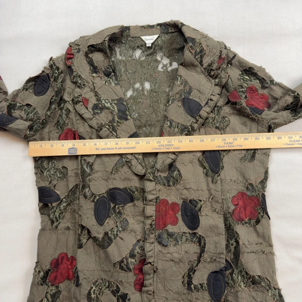 Dorman Womens XL Olive Green Floral‎ Lace Applique Open Front Art To Wear Jacket